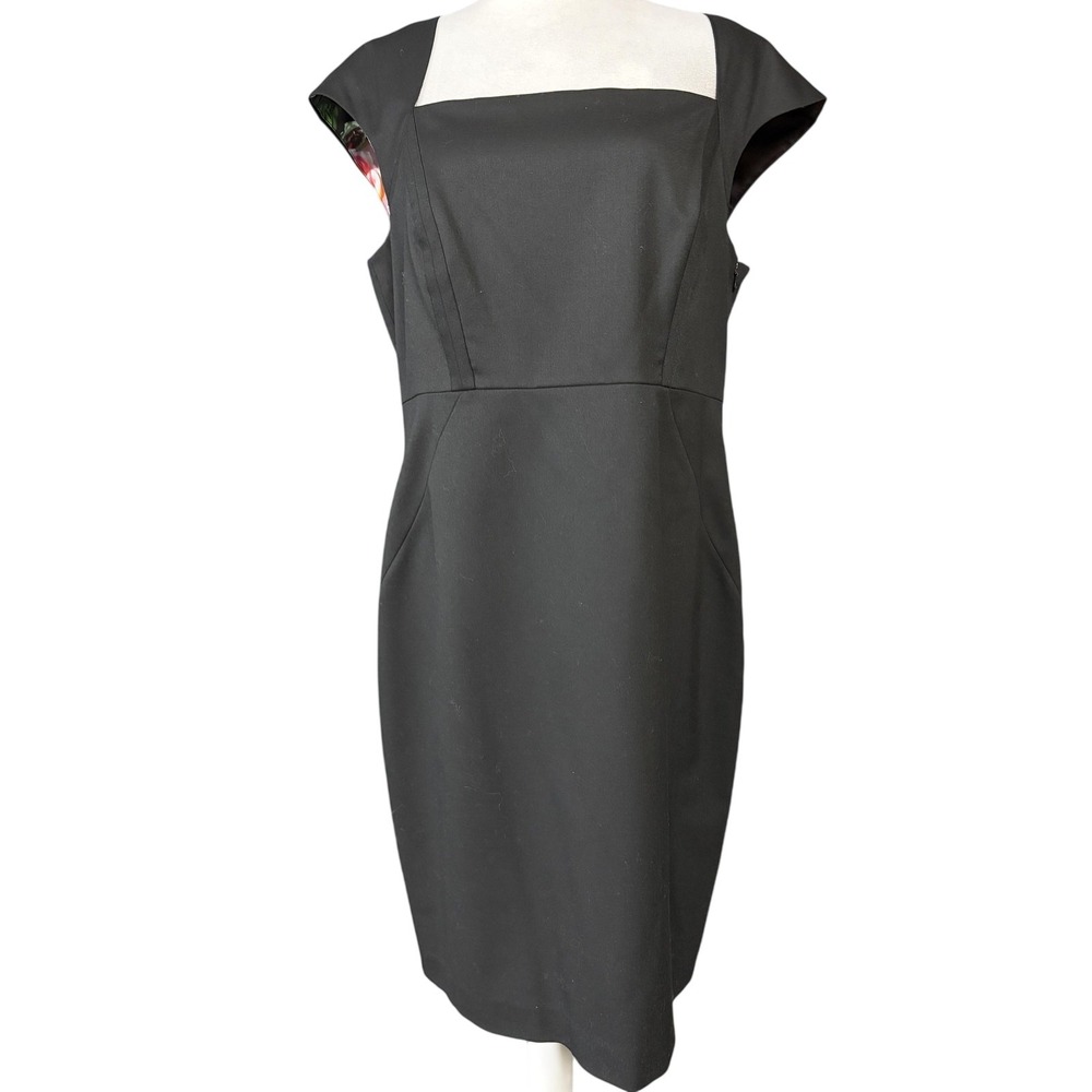 Ted Baker Dress Womens 3 Black Wool Blend Sheath Square Neck Cap Sleeve Work